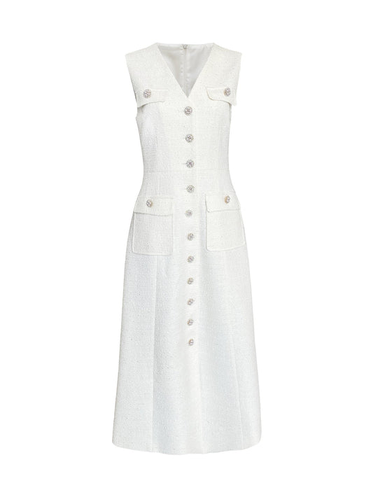 Sleeveless V-Neck Midi Dress with Pearl Buttons