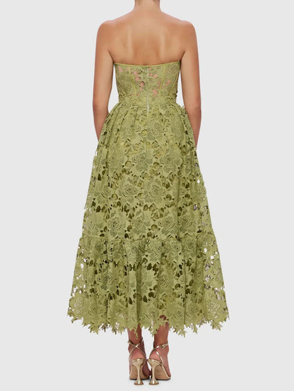 Green Guipure Lace Tea-Length Dress - Elegant & Timeless