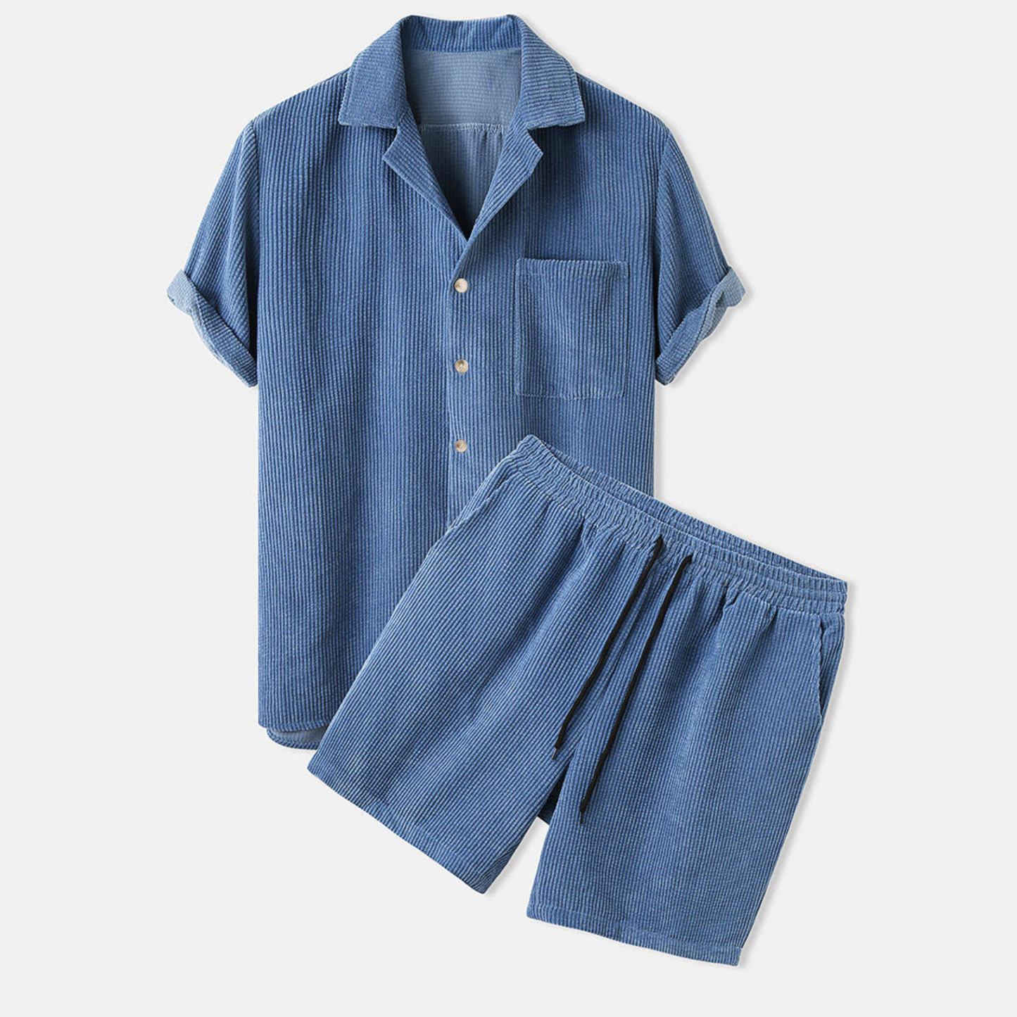 Short-Sleeve Corduroy Shirt With Revere Collar and 5-Inch Corduroy Shorts