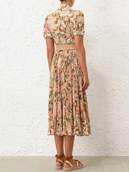 Elegant Floral Pleated Midi Dress