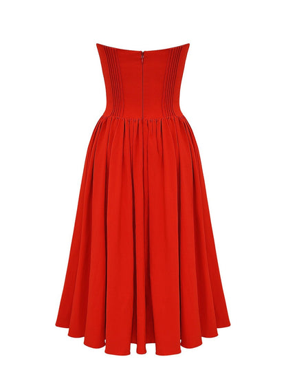 Strapless Pleated Flare Midi Dress