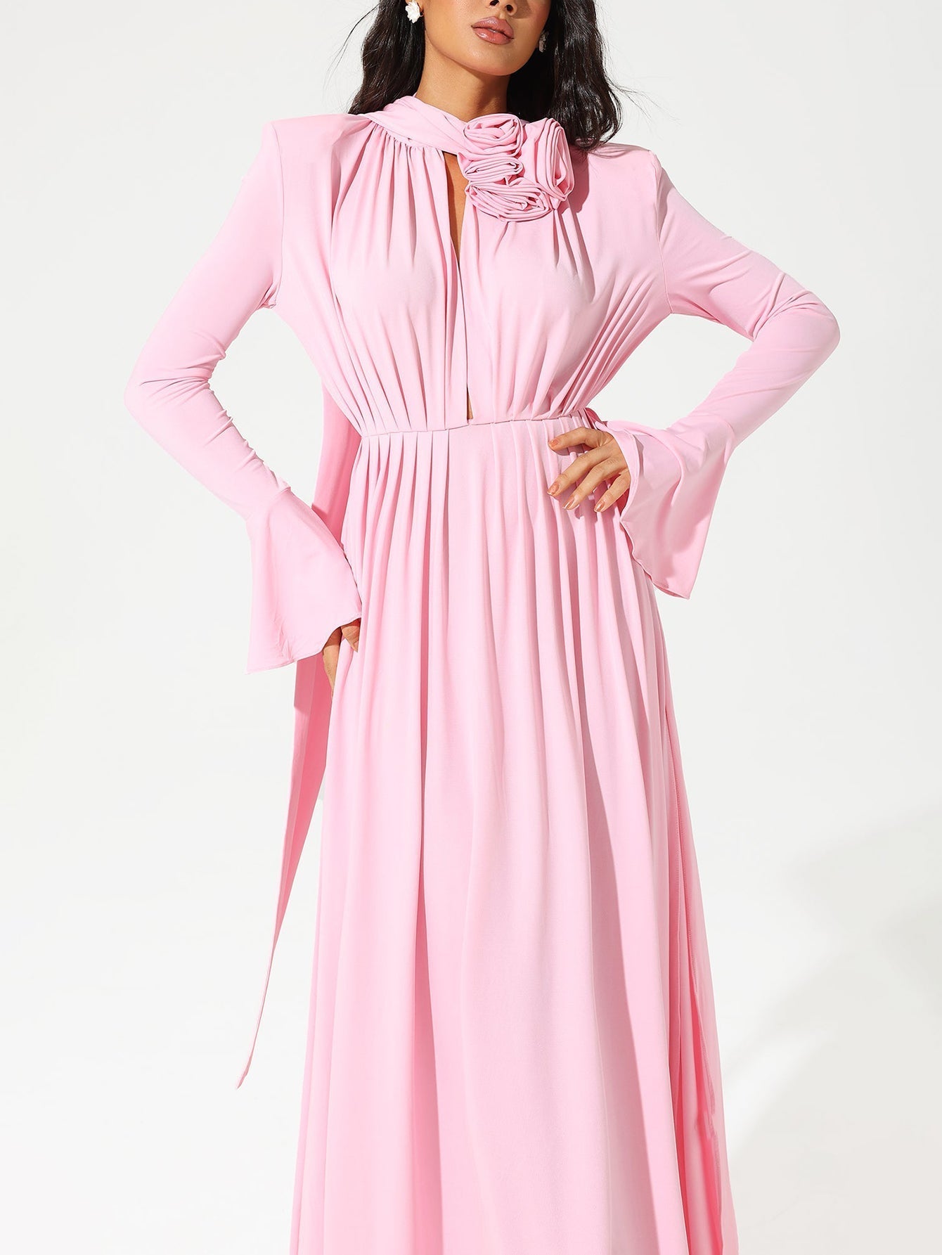 Pink Deep V-Neck Gown with Rose Embellishment