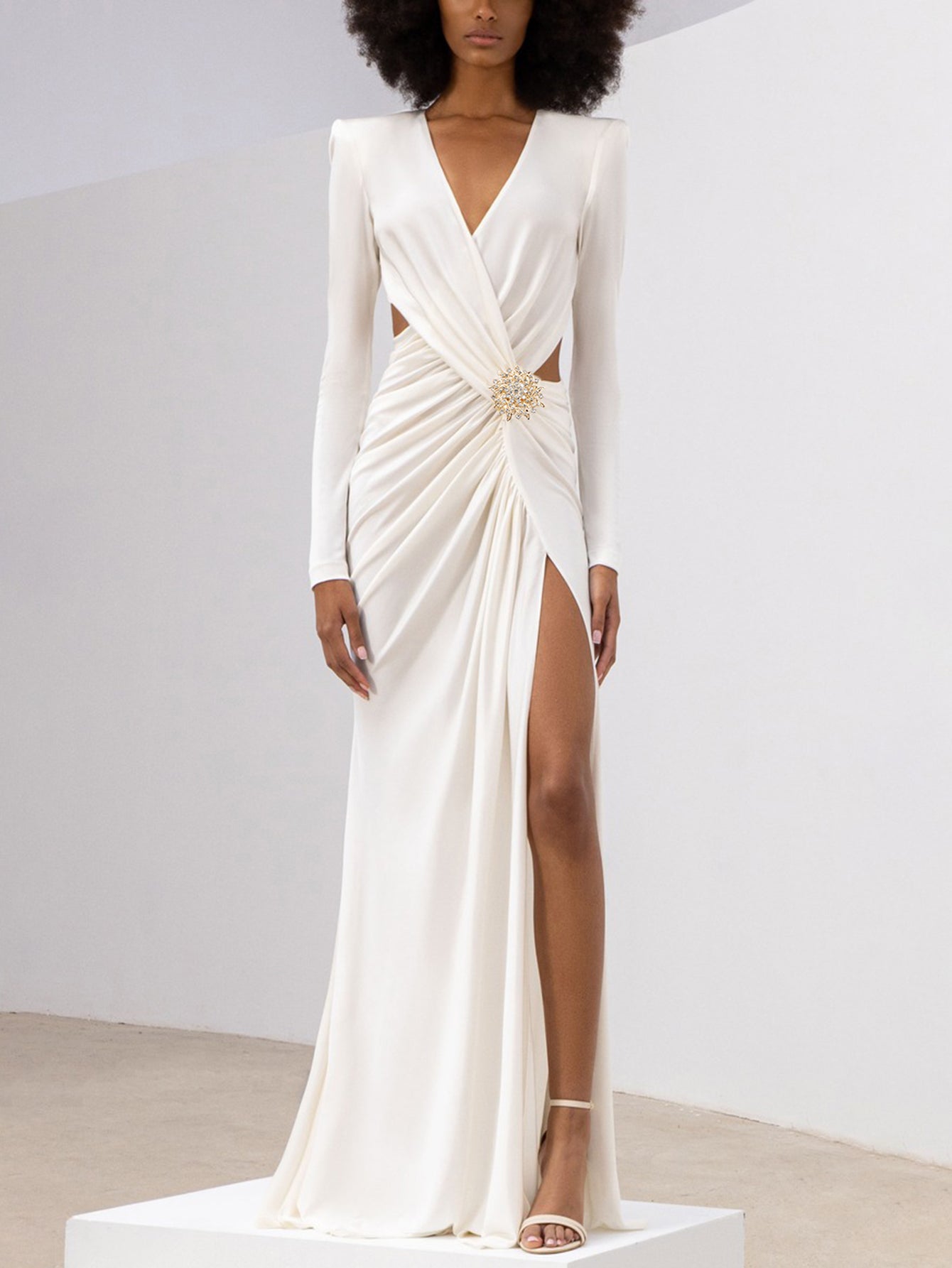 Elegant Draped Gown with High Slit