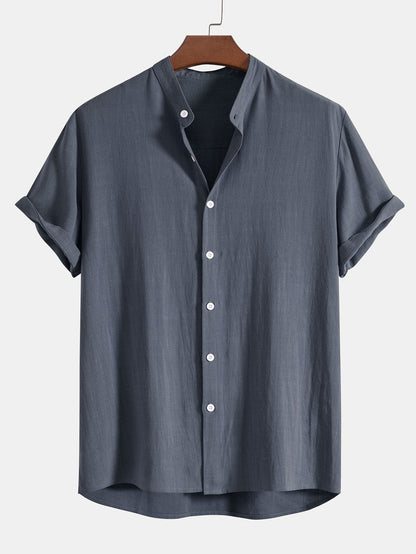 Linen-Viscose Blend Shirt with Mandarin Collar and Straight-Leg Linen Trousers