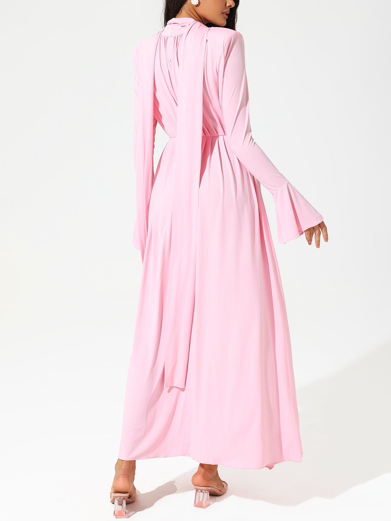 Pink Deep V-Neck Gown with Rose Embellishment