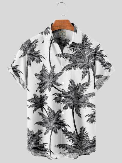 Shirt with Button Placket and Swim Shorts with Palm Print