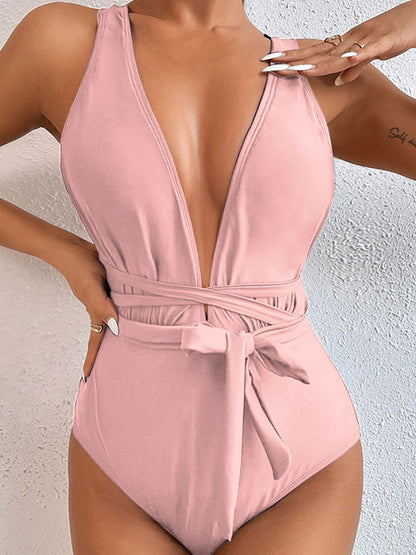 TIED CRISSCROSS ONE-PIECE SWIMSUIT