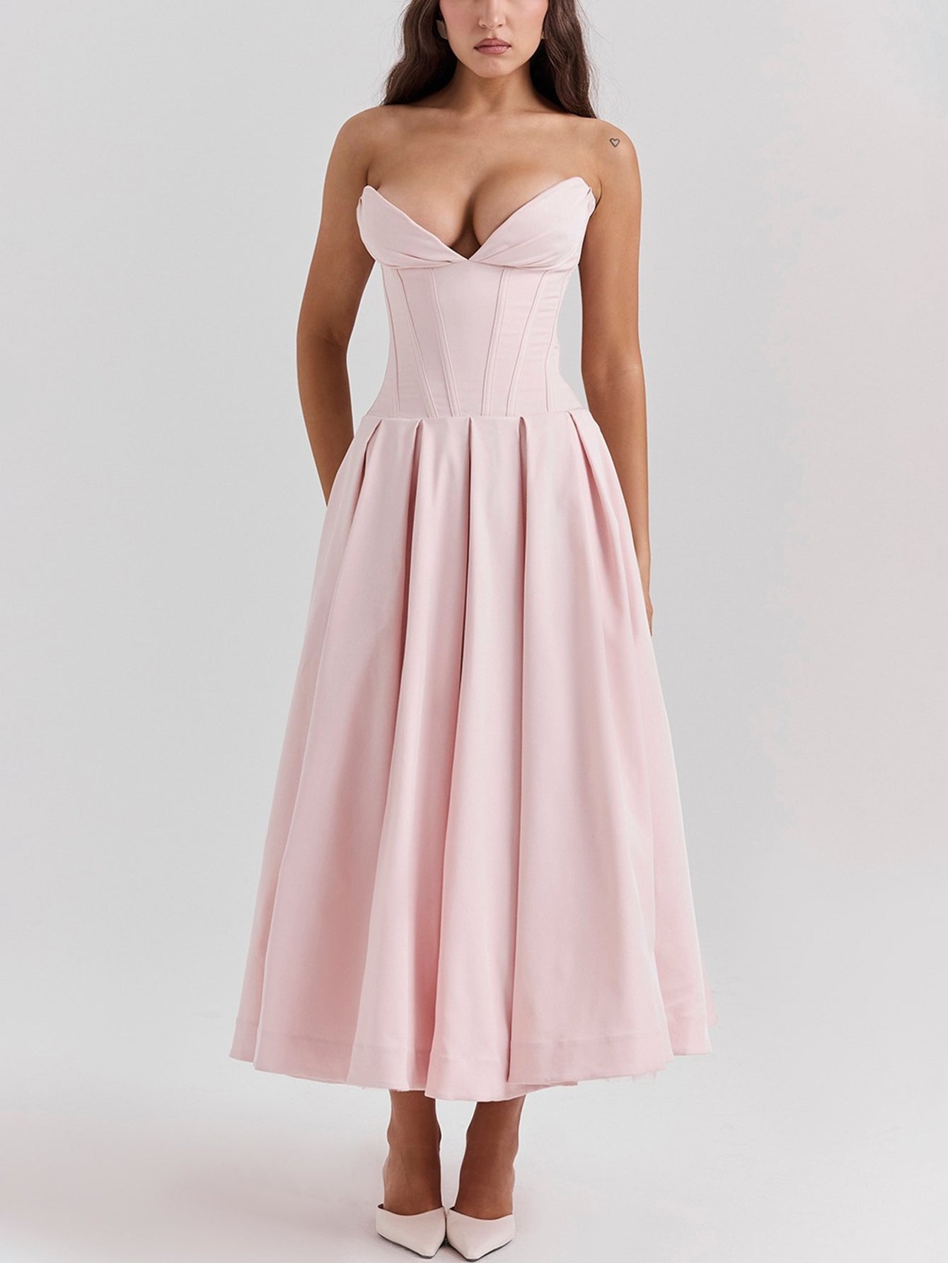 Solid Strapless Sleeveless Midi Dress