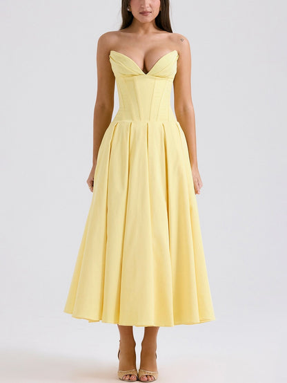 Solid Strapless Sleeveless Midi Dress