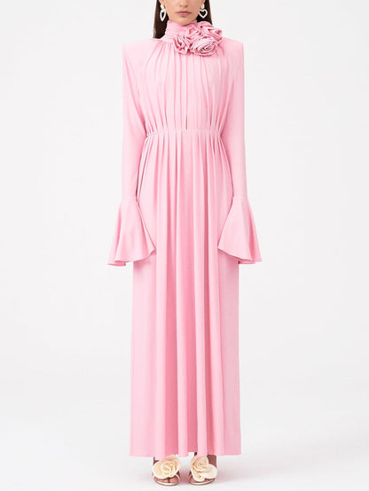 Pink Deep V-Neck Gown with Rose Embellishment