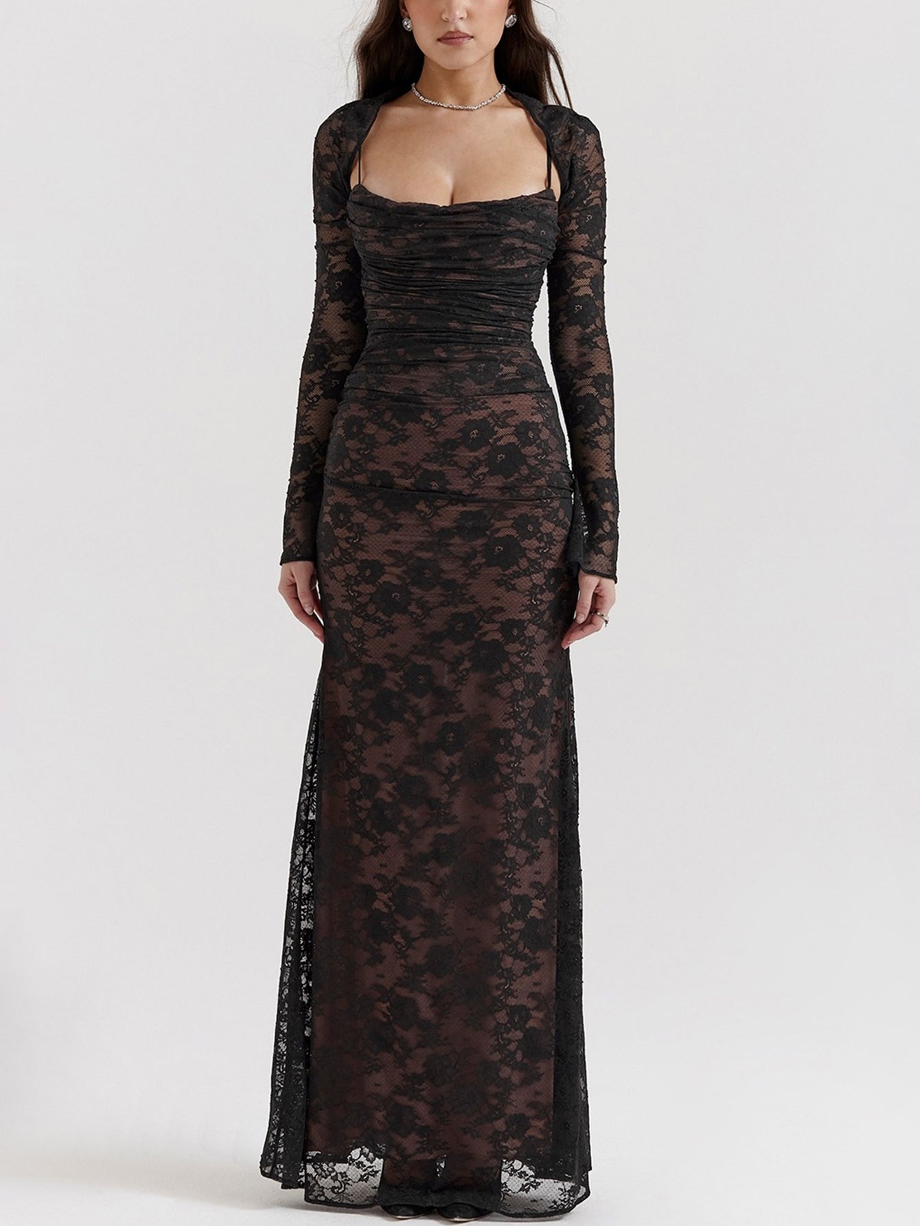 Sexy Shrug Ruched Lace Maxi Fishtail Dress