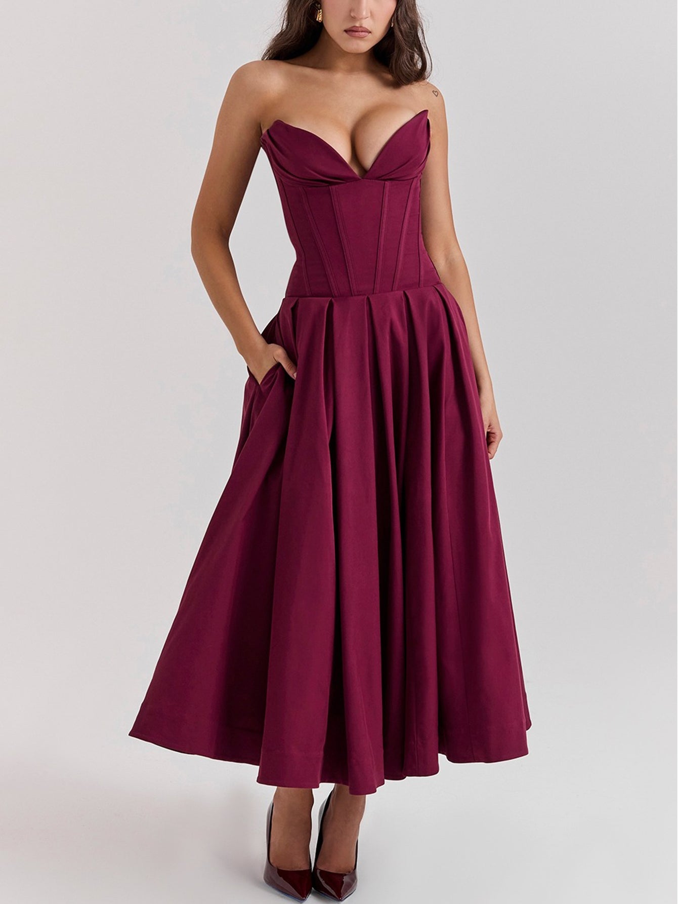 Solid Strapless Sleeveless Midi Dress