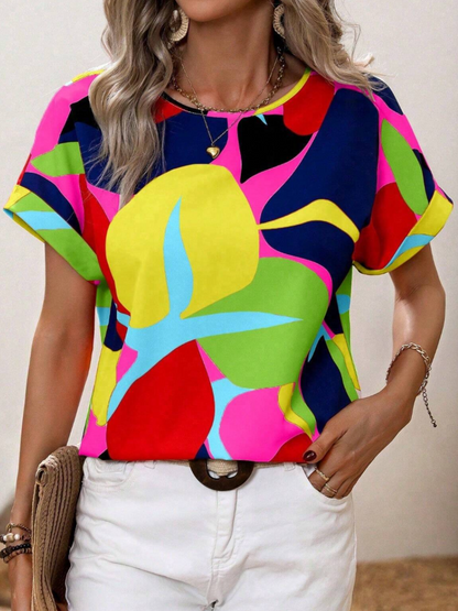 Floral Print U-neck Short-sleeve Top