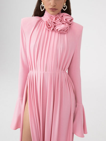 Pink Deep V-Neck Gown with Rose Embellishment