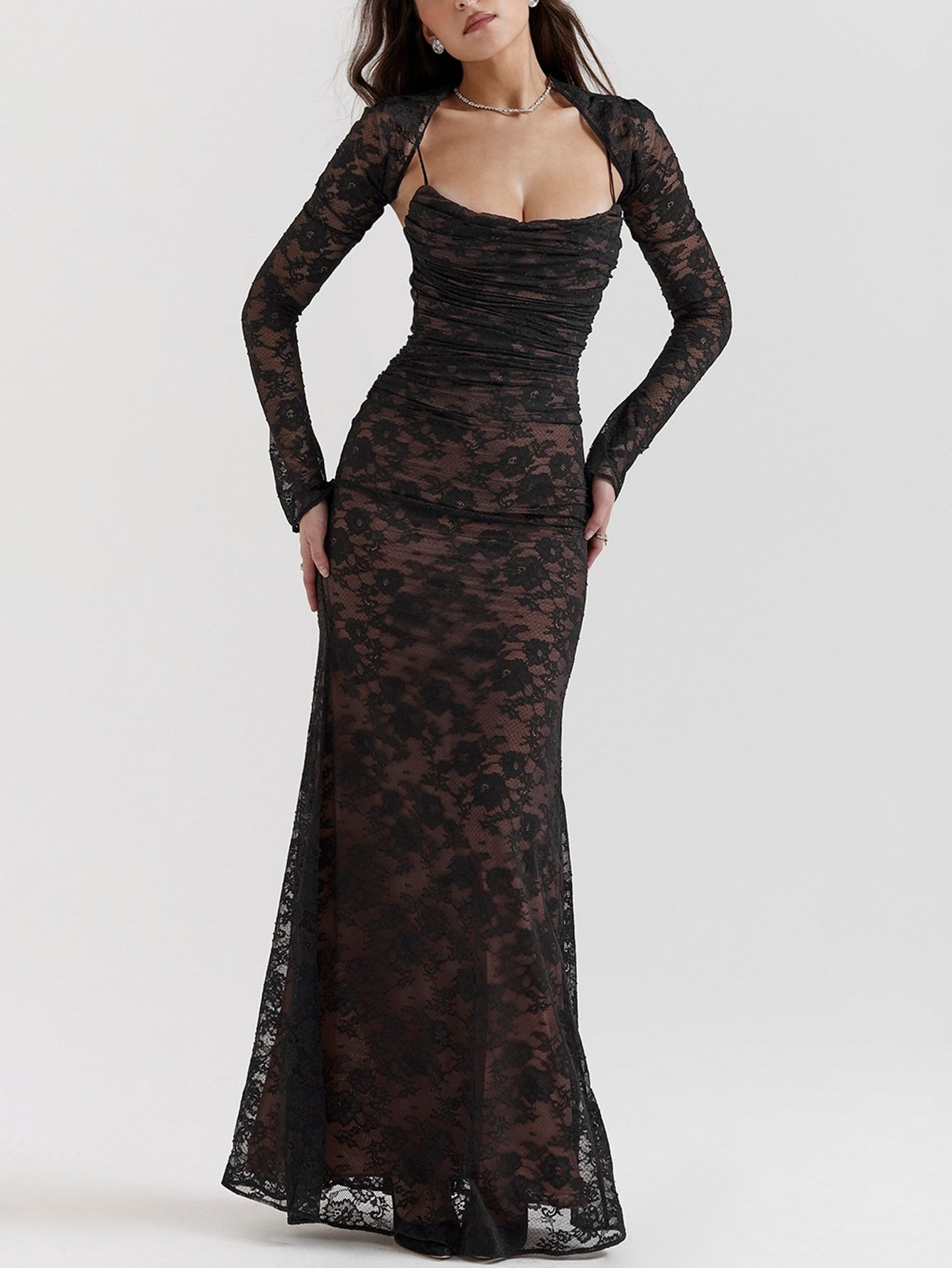 Sexy Shrug Ruched Lace Maxi Fishtail Dress