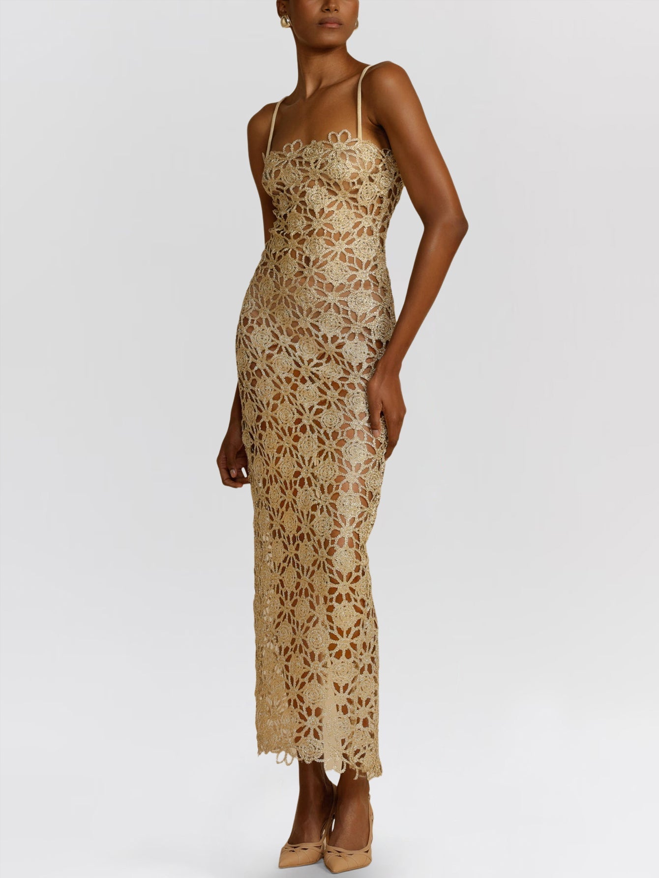 Halterneck Midi Dress with Intricate Crochet Detailing