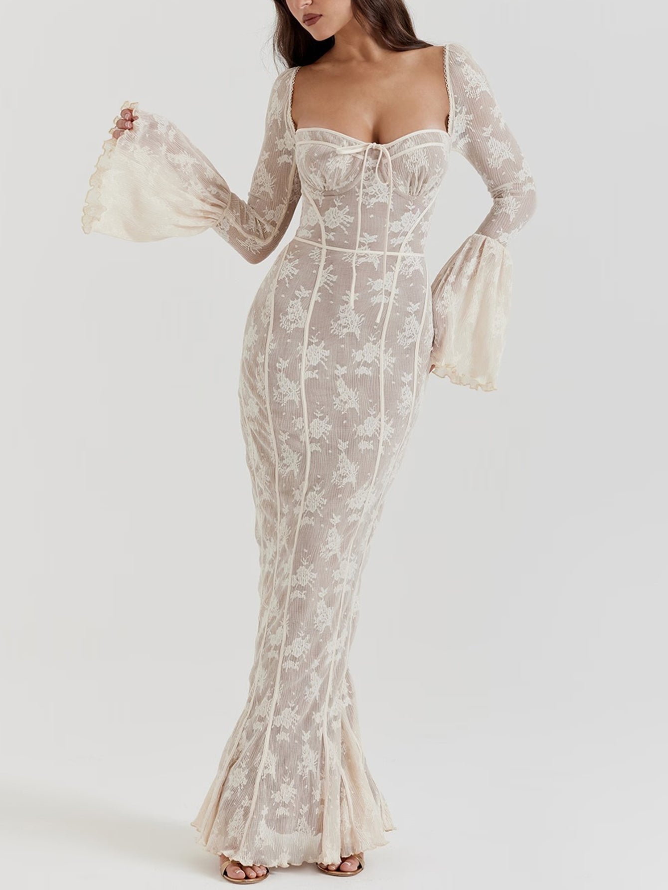 Floral Lace Gown with Flared Sleeves