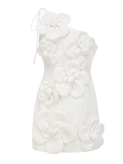 Floral Applique One-Shoulder Mini Dress in White