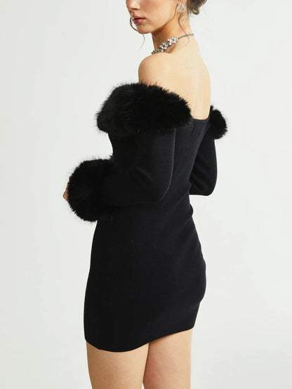 Luxurious Fur Collar Trimmed Dress