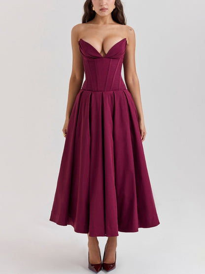 Solid Strapless Sleeveless Midi Dress