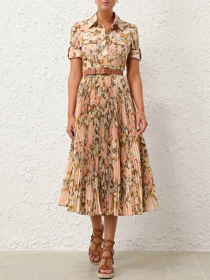 Elegant Floral Pleated Midi Dress