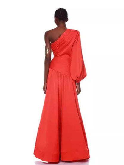 Red One-Sleeve High Slit Maxi Dress - Bold & Dramatic