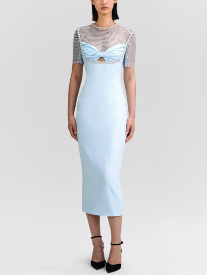 Pearl-Embellished Mesh-Overlay Sheath Dress