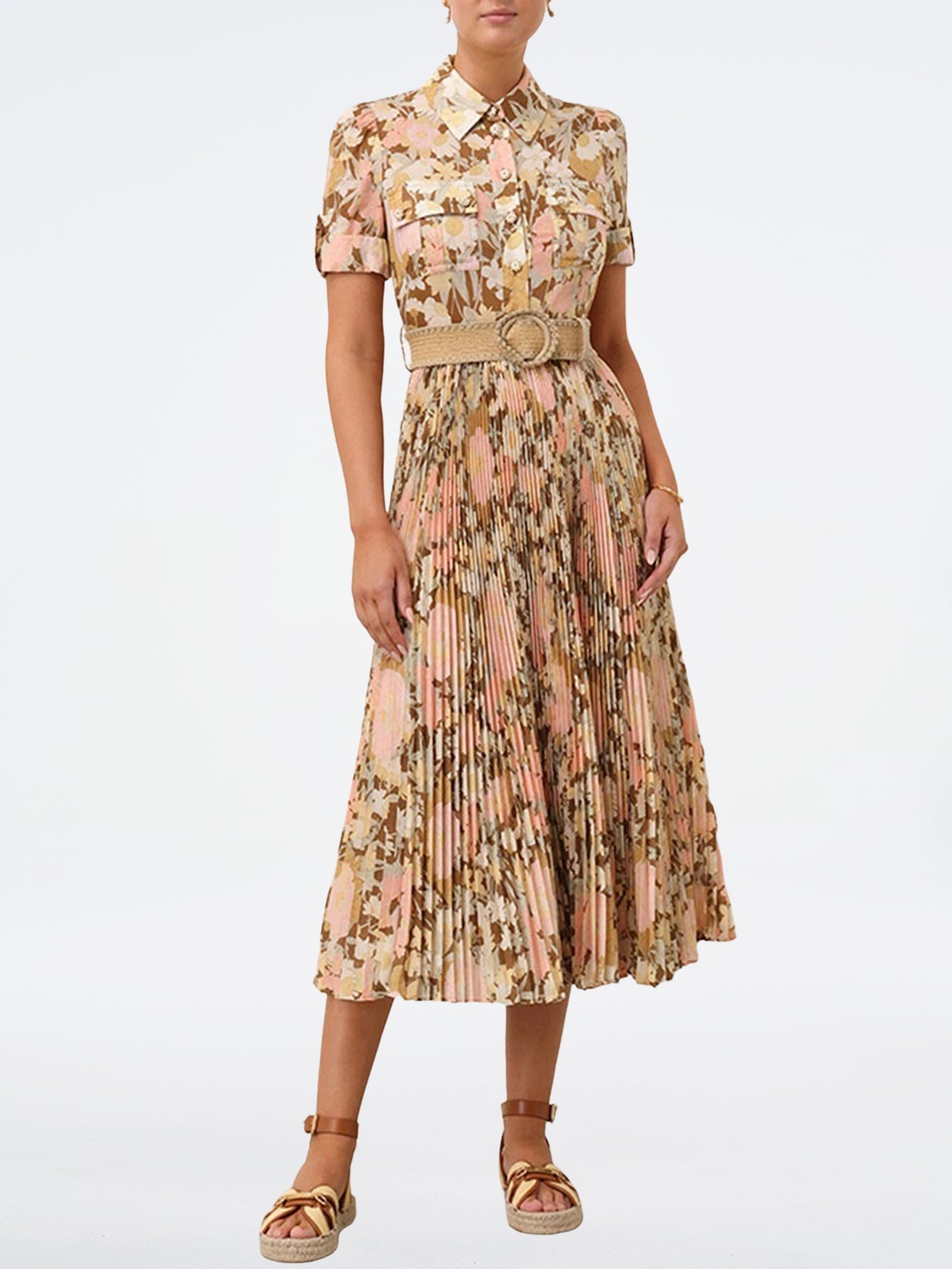 Elegant Floral Pleated Midi Dress