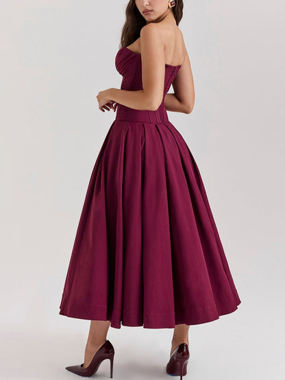 Solid Strapless Sleeveless Midi Dress