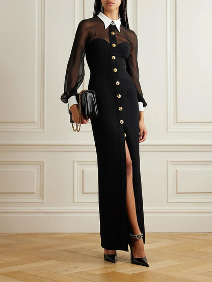 Black Long Dress with Sheer Sleeves & Gold Buttons - Elegant & Chic