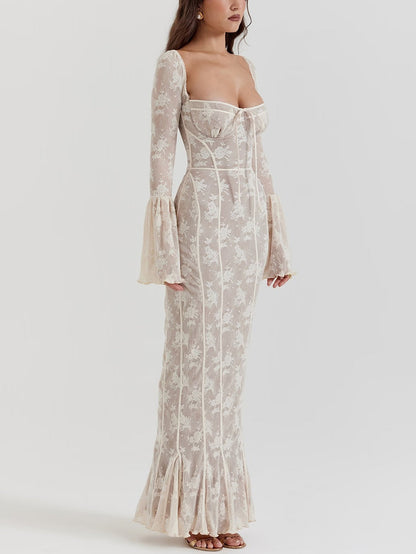 Floral Lace Gown with Flared Sleeves