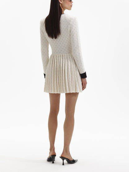 Pleated Knit Mini Dress with Pearl Buttons