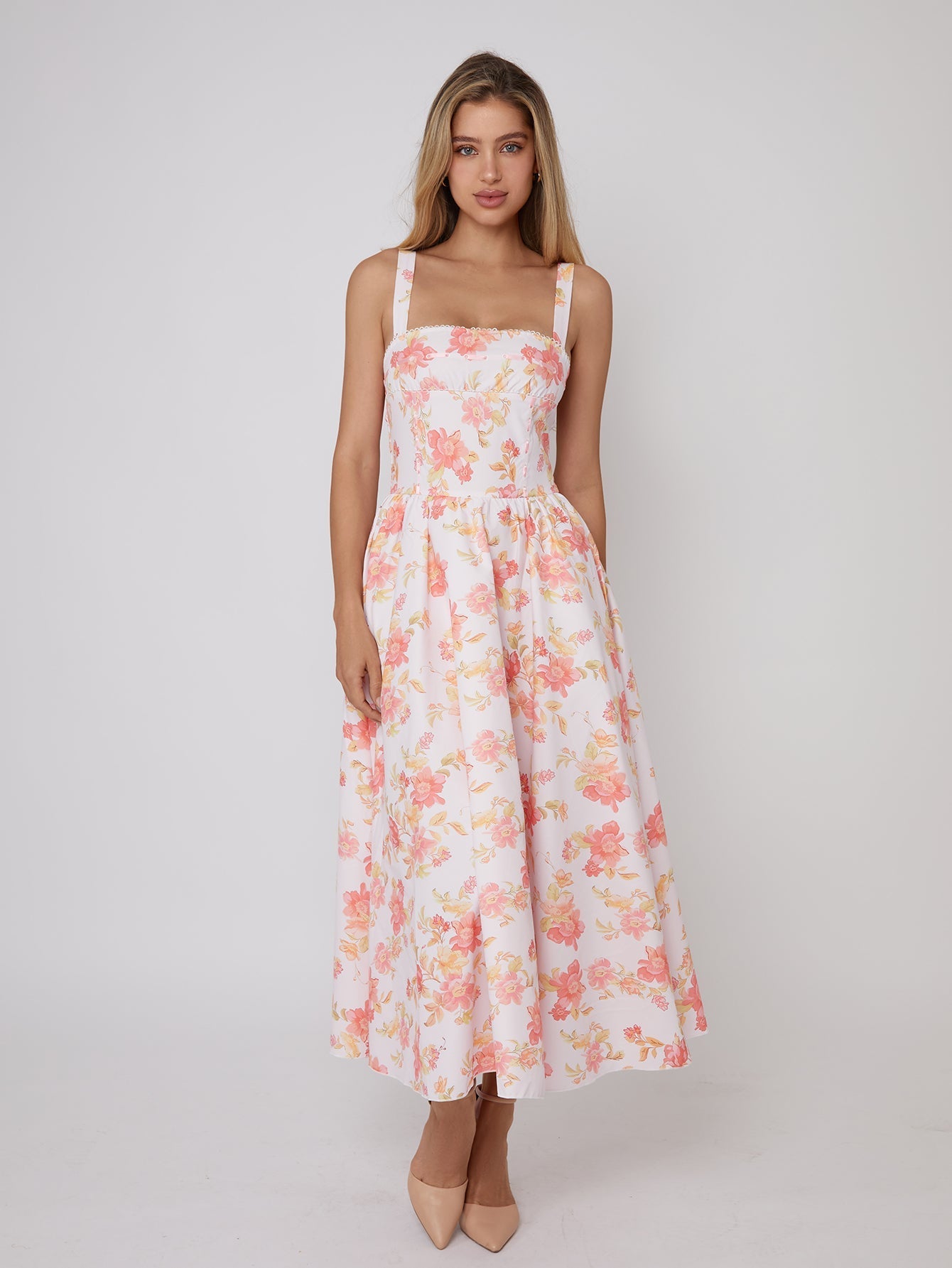 Floral Print Maxi Dress with Square Neckline