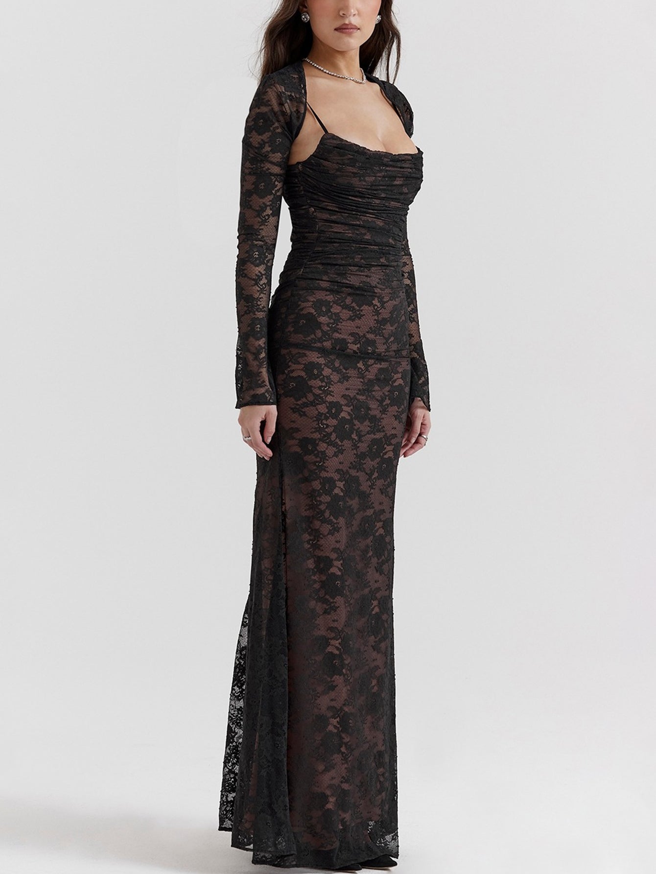 Sexy Shrug Ruched Lace Maxi Fishtail Dress