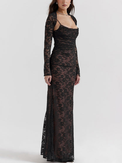 Sexy Shrug Ruched Lace Maxi Fishtail Dress