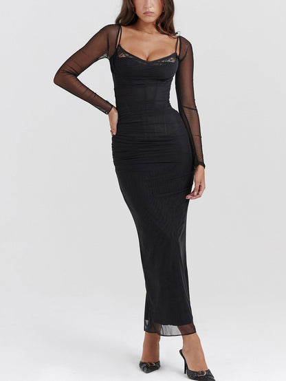 Elegant Sheer Corset Long Sleeve Maxi Dress