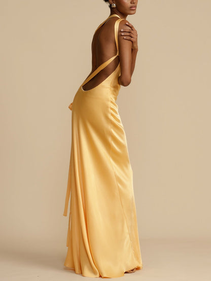 Satin Backless Tie Elegant Long Dress