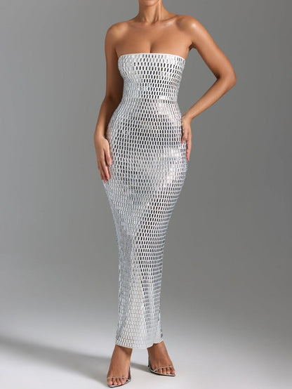 Sparkling Silver Mirror Maxi Dress for Special Occasions