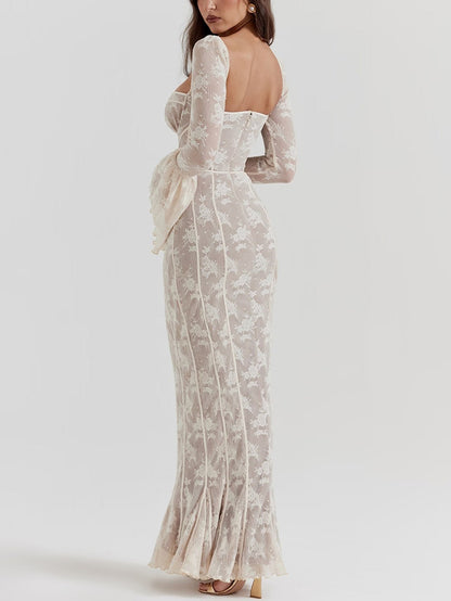 Floral Lace Gown with Flared Sleeves