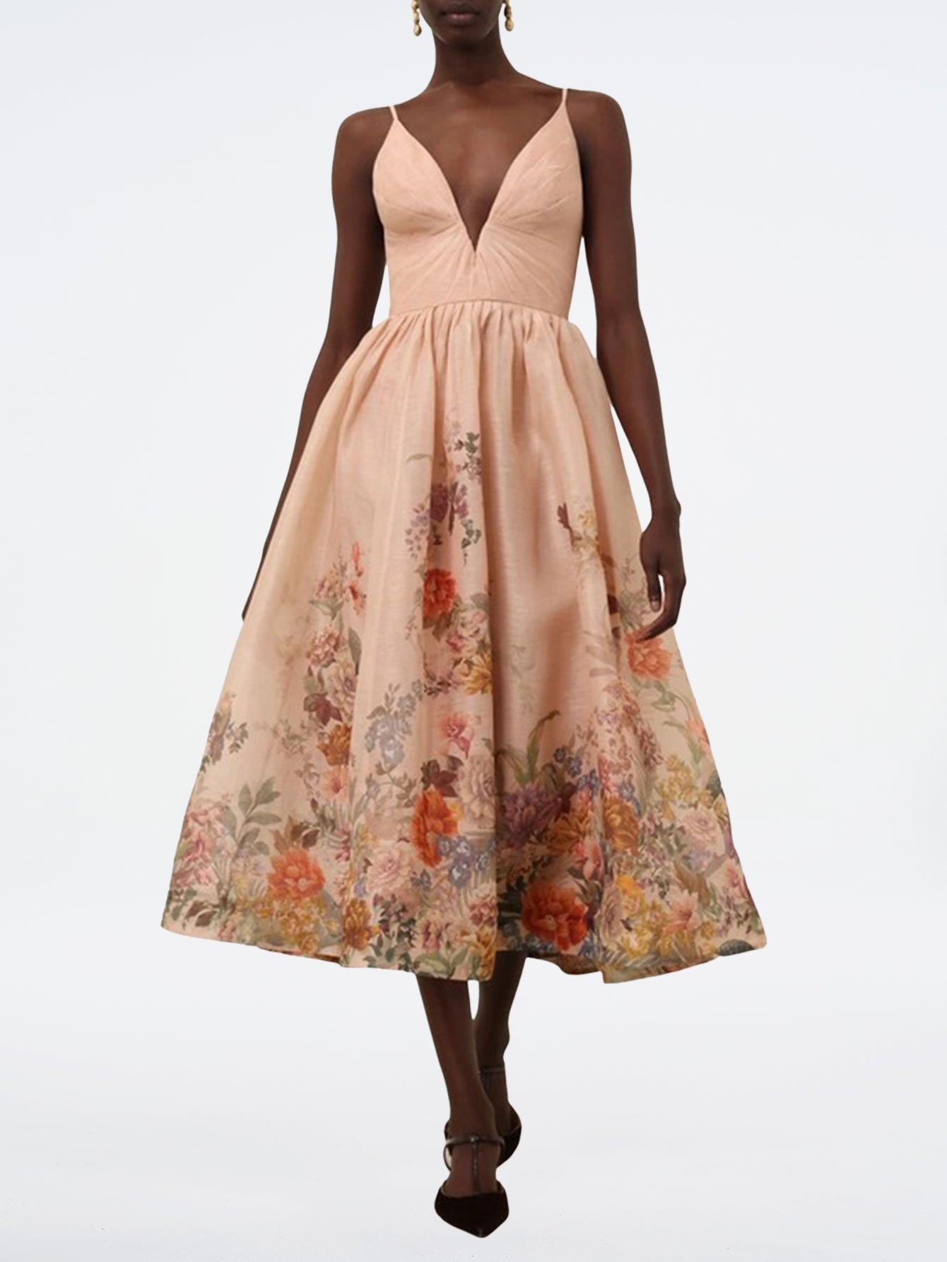 Elegant Floral Sleeveless Print Midi Dress