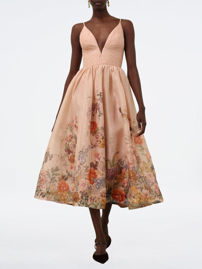 Elegant Floral Sleeveless Print Midi Dress