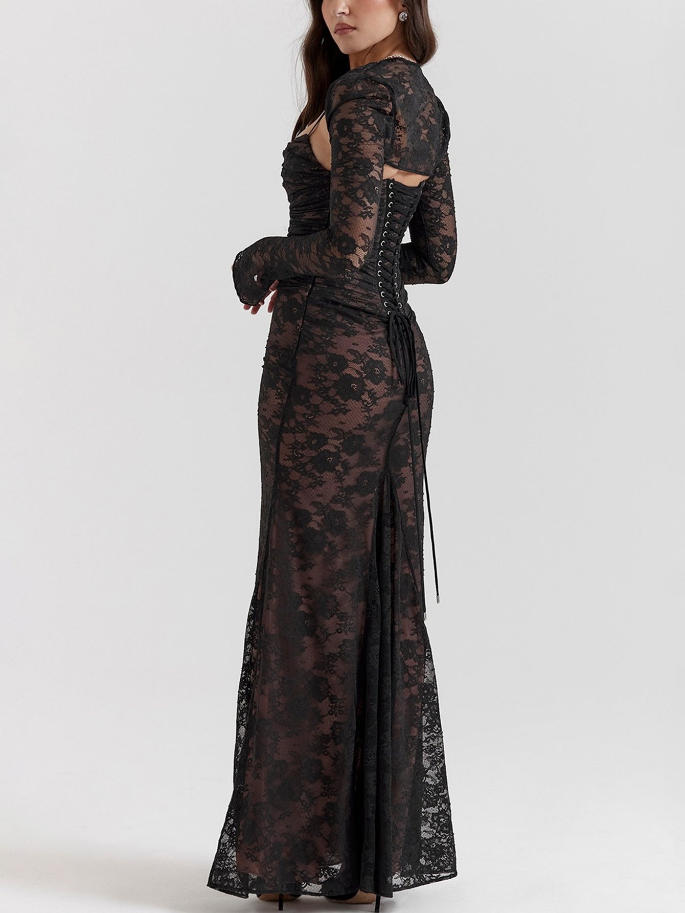 Sexy Shrug Ruched Lace Maxi Fishtail Dress