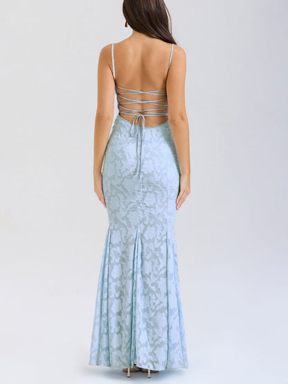 Lace Jacquard Tie-wrap Backless Maxi Dresses