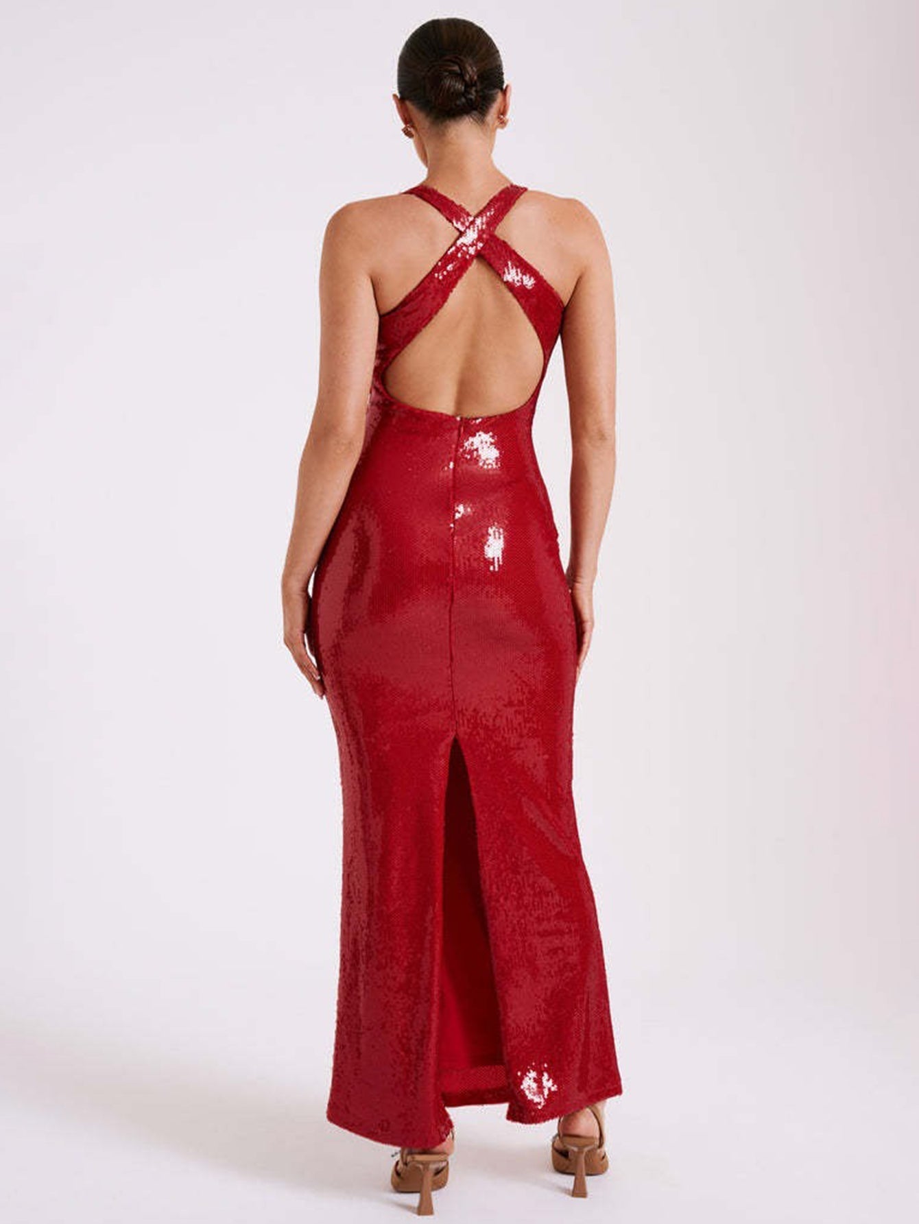 Rose Detail Sequin Backless Slit Hem Maxi Dress