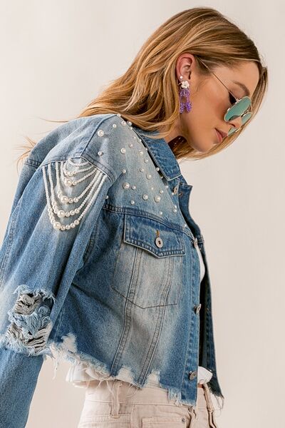 PEARL DISTRESSED CROPPED DENIM JACKET