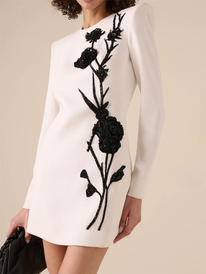 Floral Embroidered White Mini Dress with Long Sleeves