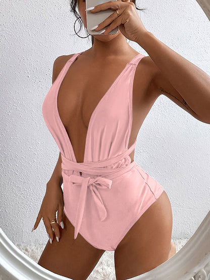 TIED CRISSCROSS ONE-PIECE SWIMSUIT