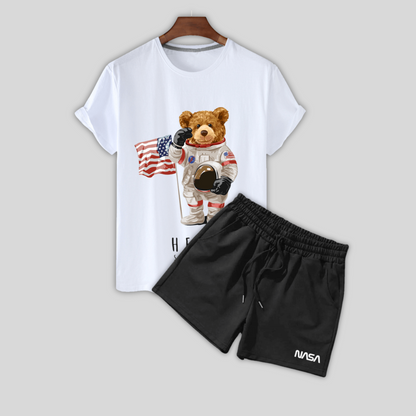 T-Shirt with Bear Print and NASA Shorts