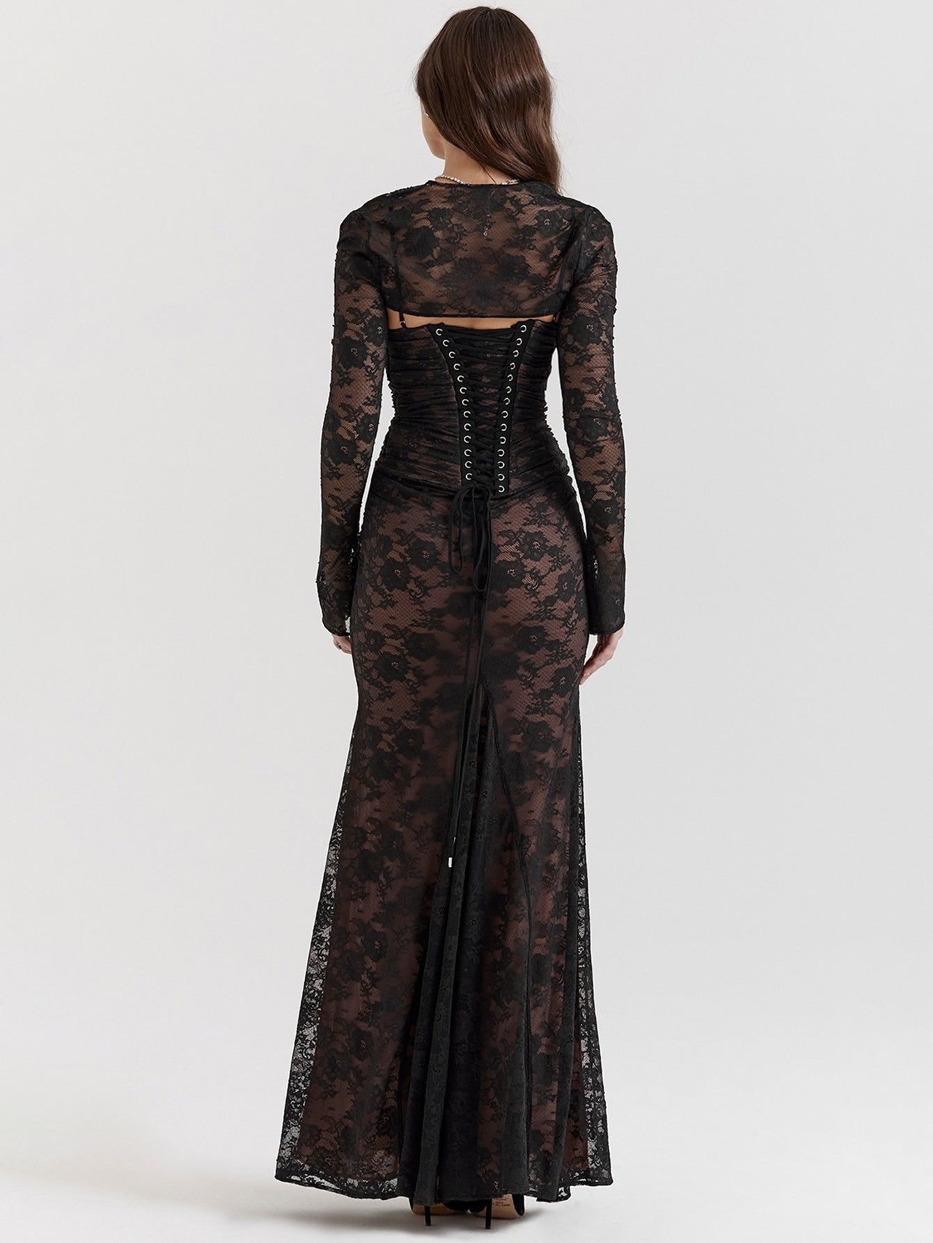 Sexy Shrug Ruched Lace Maxi Fishtail Dress