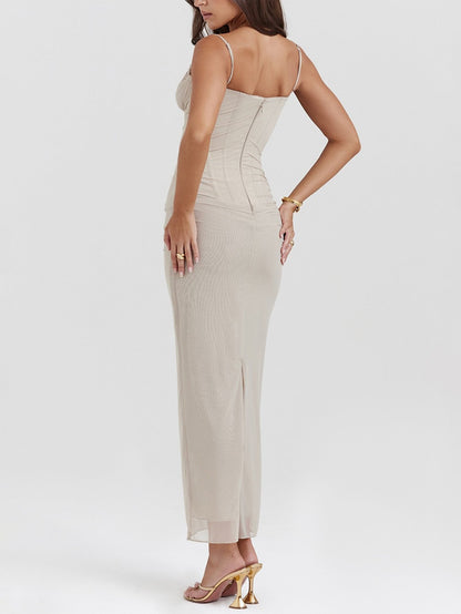 Elegant Spaghetti Strap Bodycon Mesh Maxi Dress